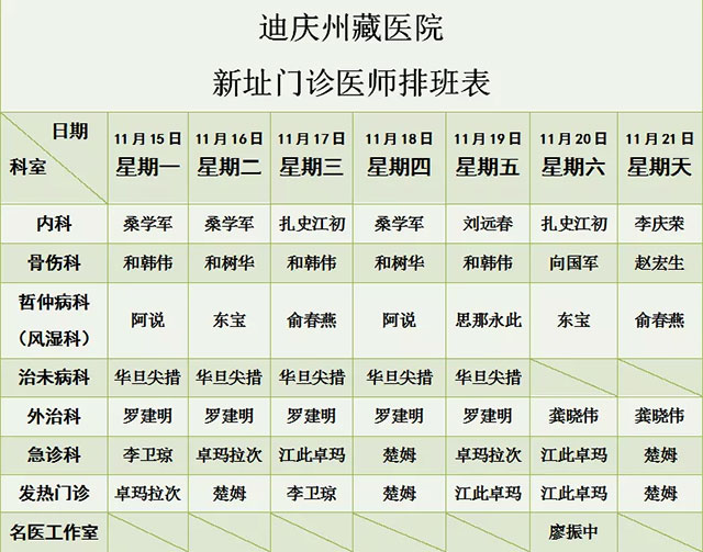 迪庆州藏医院2021年11月15日至11月21日新老址门诊坐诊专家排班表(图2)